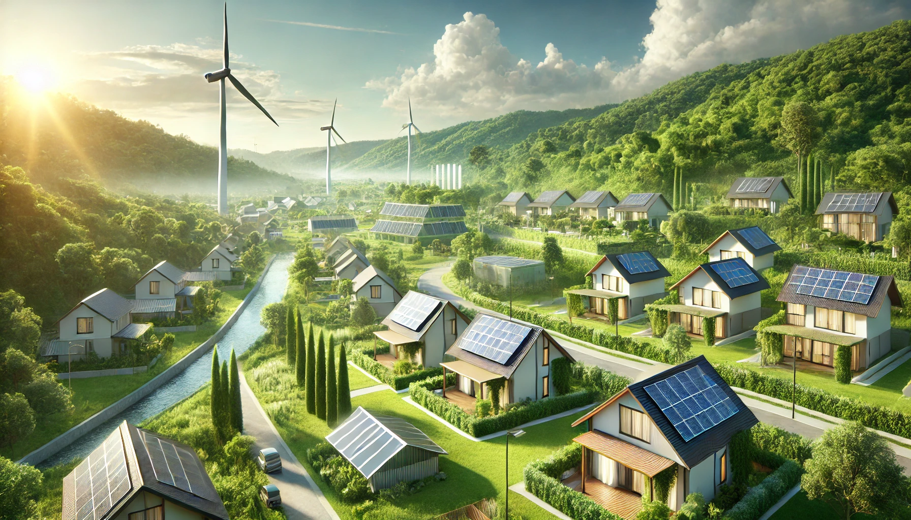 DALL.E-2025-02-23-20.13.56-A-photorealistic-image-of-a-modern-sustainable-village-surrounded-by-lush-green-landscapes.The-village-consists-o-2.webp