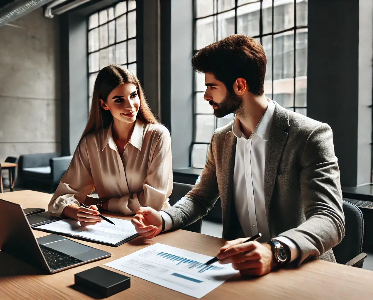DALL.E-2025-03-01-20.14.51-A-high-quality-photo-of-two-different-professionals-in-a-modern-office-having-a-business-meeting-at-a-conference-t-3.webp